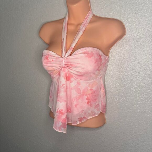 Pink mesh floral strapless top with scarf - Picture 4 of 5